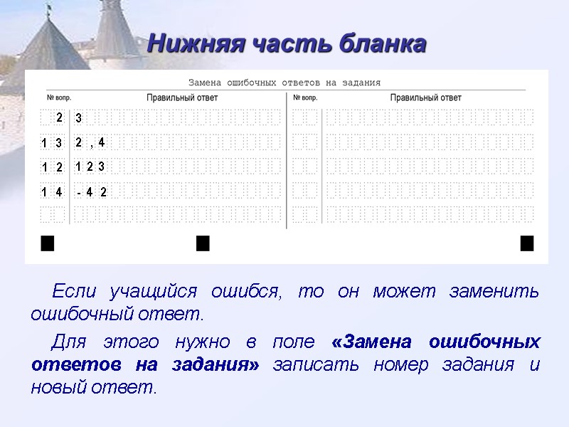 Нижняя часть бланка Если учащийся ошибся, то он может заменить ошибочный ответ.  